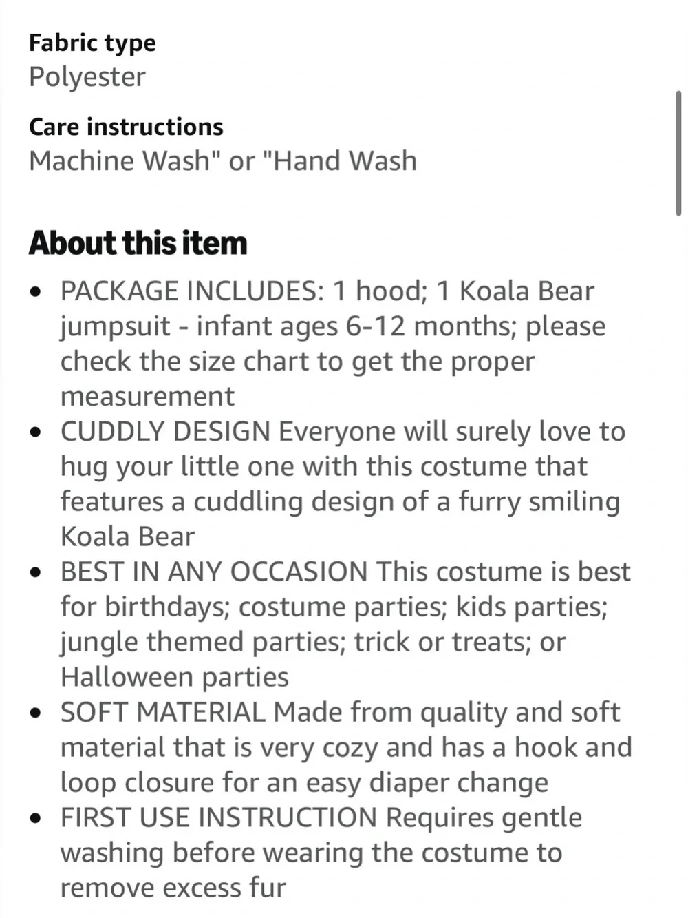 Koala Bear Baby Costume Size 6-12 Months
